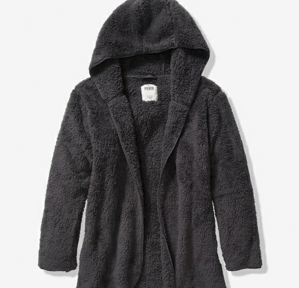 NWT Victoria's Secret PINK Black Sherpa Teddy Bear Hoodie Jacket